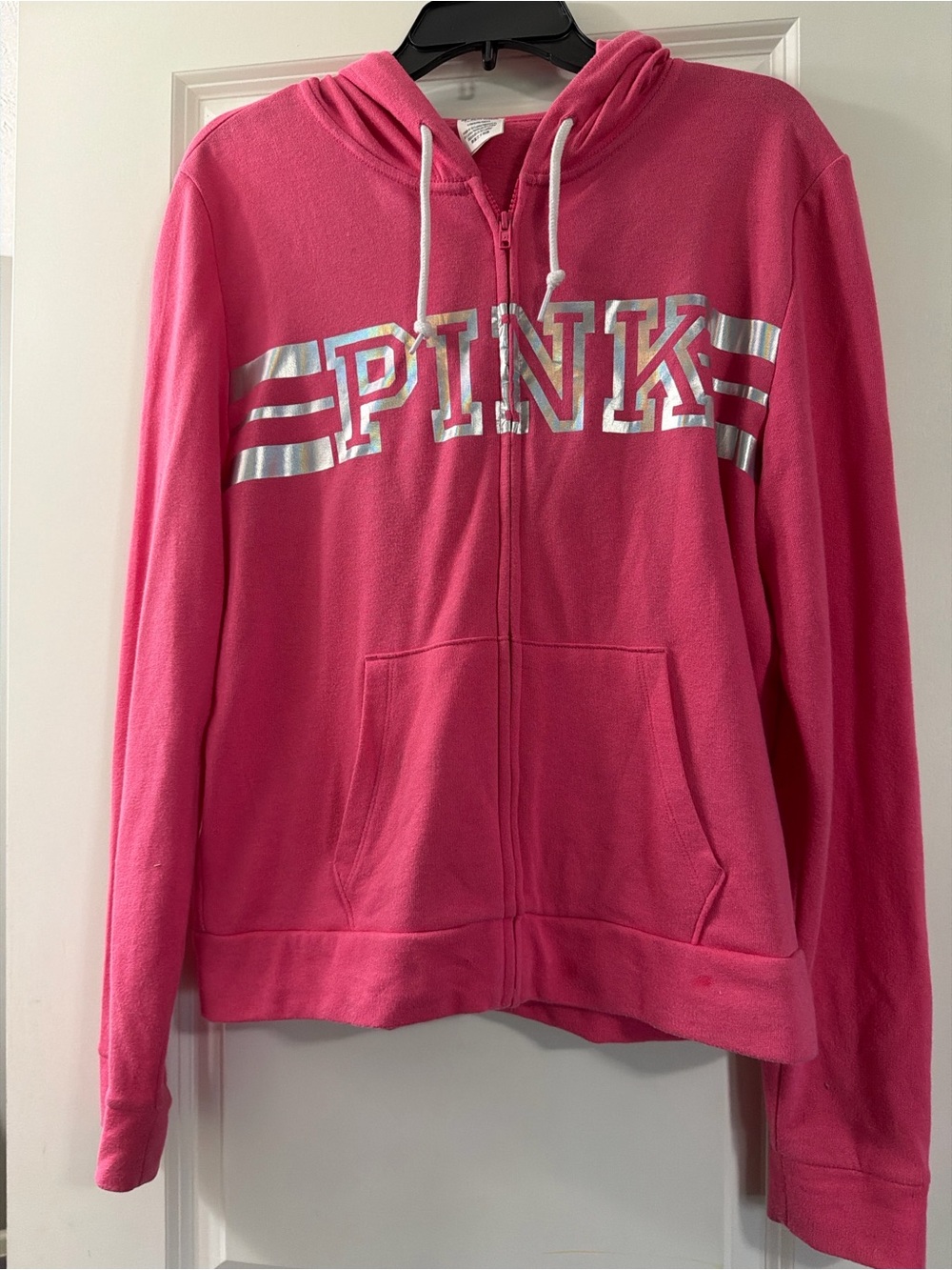 PINK Victoria's Secret Hot Pink Zip-Up Hoodie with Silver Accents